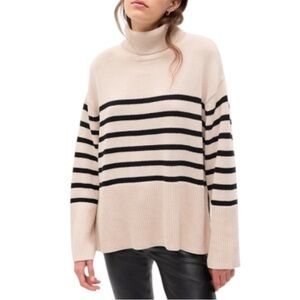 Gap 24/7 Split-Hem Cotton Turtleneck Sweater Black & Beige Breton Stripe Size L